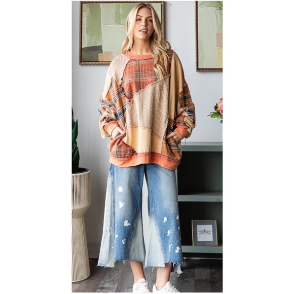 Oli & Hali Patchwork Crew Neck Sweater in Orange and Tan - Picture 4 of 5